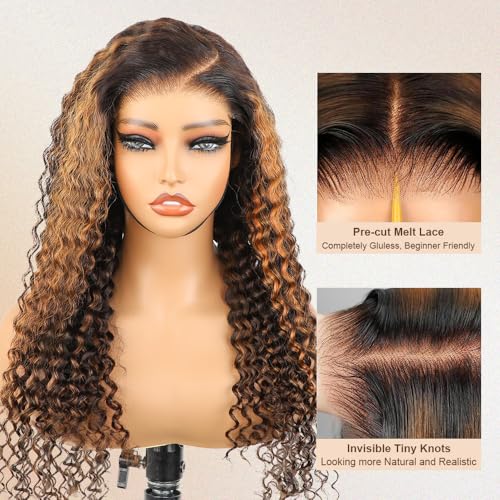 BLY Highlight Wear and Go Glueless Wig Water Wave Human Hair Wigs for Women 24 Inch 5x7 HD Lace Pre Cut Pre Plucked 2/30 Ombre Brown Colored Deep Wave Lace Front Wig 180% Density
