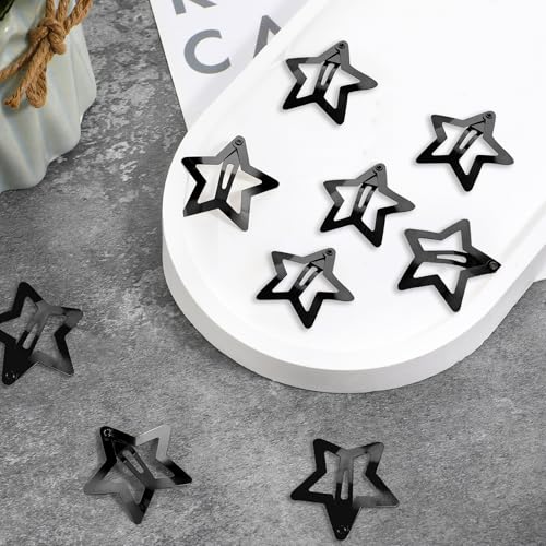 12PCS Metal Star Snap Hair Clips, 1.6 Inches Star Hair Clips for Kids Girls and Women, Silver/Gold/Black Star Snap Hair Barrettes, Non-Slip 2000s Y2K Star Cute Snap Hair Accessories(Black)