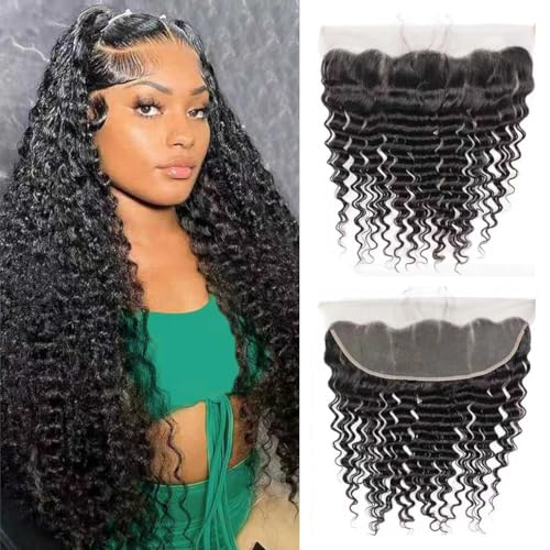 13x4 HD Lace Frontal Human Hair Deep Wave Ear to Ear Lace Frontal Closure Free Part 12 Inch Unprocessed Brazilian Curly Virgin Hair Extensions HD Lace Closure for Black Women Pre Plucked Natural Black