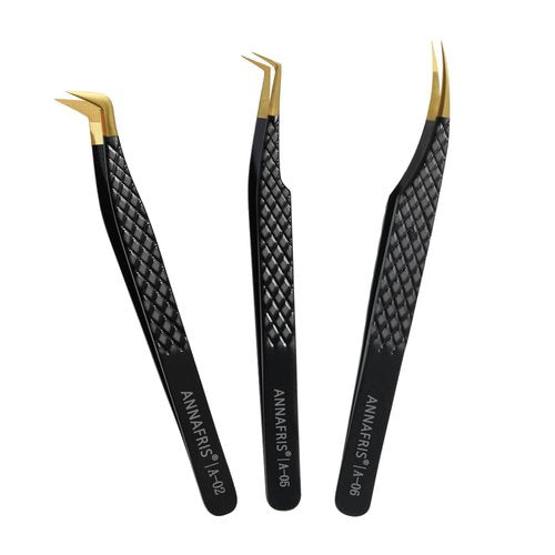 ANNAFRIS Lash Tweezers for Eyelash Extensions,Precision Fiber Tip for Volume Eyelash Extension,Lash Extension Tweezers for Easy Application and Removal (Black, 3PCS-03)