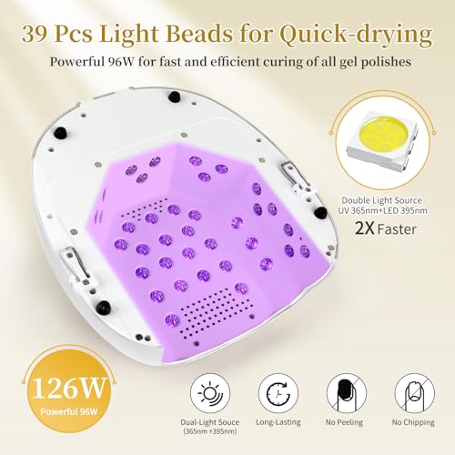 126W Rechargeable UV LED Nail Lamp, Portable Cordless Nail Dryer with Auto Sensor and 4 Timer Settings, Professional Curing Lamp for Gel Polish and Salon (White)
