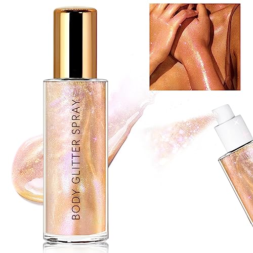 Body Glitter Spray, Moisturizing Bronze Body Shimmer Luminizer Glow Illuminator Quick-Drying and Non-Sticky Liquid Highlighter Spray for Face Hair Glitter, 60ML -Rose Gold