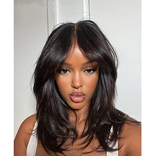 HD Transparent Lace Natural Straight Human Hair Wigs with Bangs Brazilian Remy Hair Layered Straight 13X4 Lace Front Wig Pre plucked Bleached Knost For Woman 150% Density Natural Black