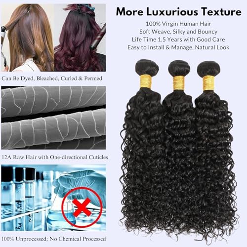 Water Wave Human Hair Bundles Curly Bundles 20 22 24 Inch, Natural Black Wet And Wavy Sew In Weave, Soft & Shed-free 12A 100% Brazilian Virgin Remy Hair 3 Bundles