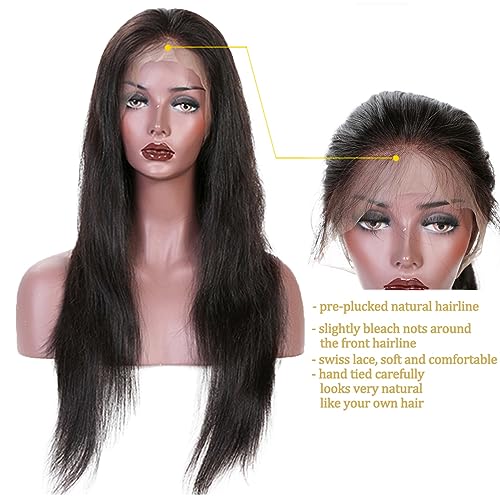 360 Lace Wigs Natural Straight Brazilian Virgin Human Hair Wigs with Pre Plucked Natural Hairline, Slightly Bleached Knots 150% Density Wigs with Baby Hair for Women Natural Color 14 Inches