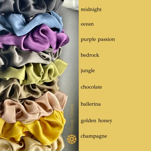 Silk Scrunchies | Premium Handcrafted 25 Momme Mulberry Silk Hair Bands | Elastics Ties Ponytail Holders and Hair Accessories (Small Scrunchies (3), Bedrock, Midnight, Champagne)