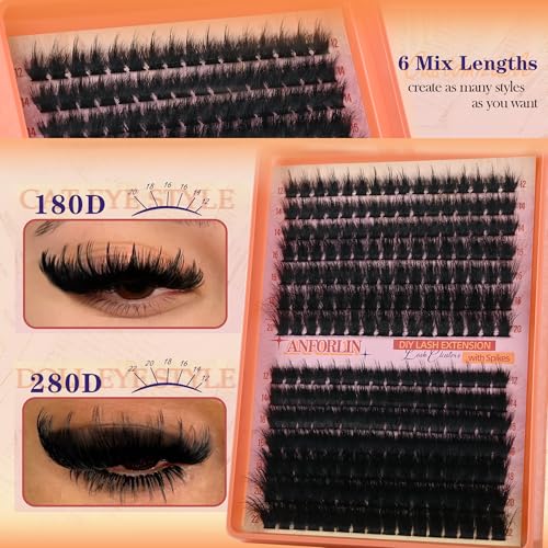 Thick Lash Clusters With Spikes 180D+280D Volume Eyelash Clusters 12-22MM Long Manga Lash Extension Spiky Cluster Eyelash Extensions 224Pcs Manga Individual Lashes DIY at Home by Anforlin