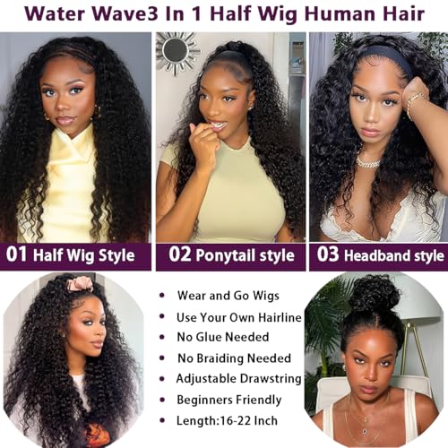 22Inch Water Wave Half Wig Human Hair 220% Density 3 In 1 Seamless Flip Over with Adjustable Drawstring Beginner Friendly Curly Wig Human Hair Wear and Go Glueless Wigs Half Wigs for Black Women