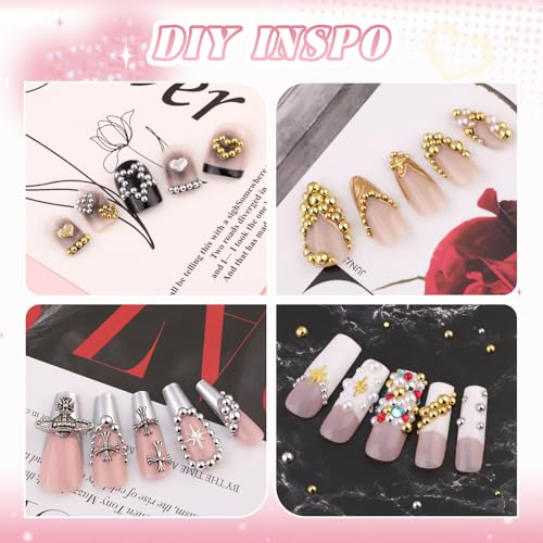 Silver and Gold Nail Charms and Gems, 1.5-5mm Half Round Flatback Nail Pearls Ball Beads for Nails with Pickup Pencil and Tweezers, Pearl Nail Charm Rhinestones for Crafting Face Hair Manicure DIY