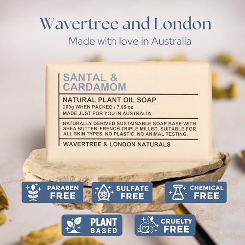 Wavertree & London Santal & Cardamon Scented 100% Natural Soap Bar, 7oz Moisturizing French Triple Milled Soap Bar for Women & Men Enriched with Organic Shea Butter, Pure Bath & Body Soap (1 Bar)