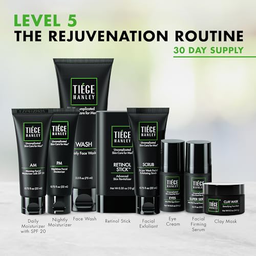 Tiege Hanley Skin Care Set for Men, Rejuvenation Routine, System Level 5, Face Wash, Scrub, Moisturizers, Eye Cream, Serum, Clay Mask, & Retinol Stick for Healthy Skin, Men¡¯s Skin Care, 8 Piece Kit