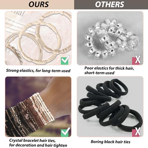 20 PCS Boho Ponytail Holders - 4 Neutral Colors, 5 Styles Hair Bands & Bracelets for Women's Thick or Thin Hair, No Damage