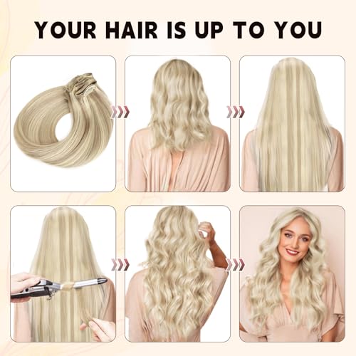 Sassina Human Hair Clip in Extensions 22 Inch Straight Clip in Hair Extensions Human Hair Golden Blonde to Medium Blonde Double Weft Clip ins 8 Pcs with 18 Clips 120 Grams #P16/22