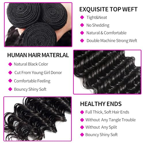 12A Deep Wave Bundles Human Hair 18 20 22 Inch 100% Unprocessed Brazilian Virgin Deep Curly Human Hair 3 Bundles Wet and Wavy Double Weft Deep Wavy Hair Extensions Real Human Hair Natural Black