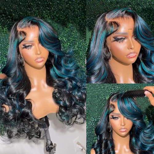 Highlight Blue Human Hair Wigs 13X4 Transparent HD Lace Front Wigs Ombre Green Body Wave Wig Human Hair 150% Density Body Bave Glueless Human Hair Wigs (16Inch)