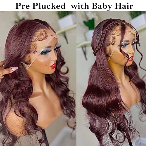 99j Burgundy Body Wave Lace Front Wig 13x4 HD Transparent Lace Frontal Wigs Glueless Human Hair Wigs Pre Plucked Pre Cut Frontal Human Hair with Baby Hair