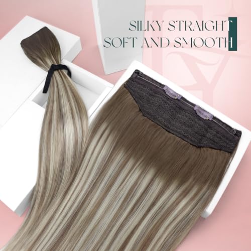 Easyouth Wire Hair Extensions Balayage Hair Extensions Invisible Wire Human Hair Medium Brown Fading to Platinum Blonde Mix Brown Fish Line Hair Extension Human Hair Ombre for Long Hair 20 Inch 100g
