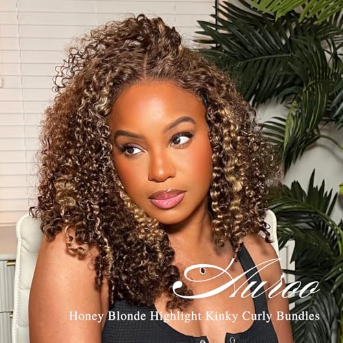 Honey Blonde Highlight Tight Kinky Curly 3 Bundles with 13x4 hd Frontal Closure Human Hair, 12A Virgin 13x4 Ear to Ear Frontal with 3 Curly Bundles Thick Tracks P4/27 Ombre Brown 12 14 16+ 12
