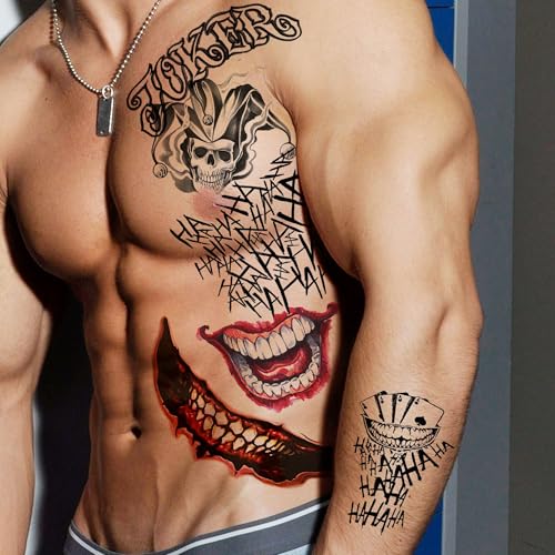 5 Sheets 3D Joker Tattoos Hand Halloween Makeup Kit, Prison Ghost Clown Damaged Joker Face Tattoo For Men Women Adults, Scary Prisoner Fake Temporary Tattoo Stickers Halloween Accessory Costume
