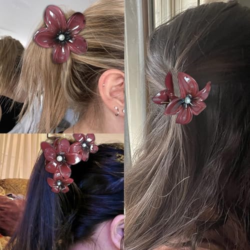 Wine Red Flower claw clips women girls,fancy hawaii flower hair clips,artificial pearls daisy decorative plumeria hair clips for thick or thin hair, Large Medium 2pc beach coquette hair accessories