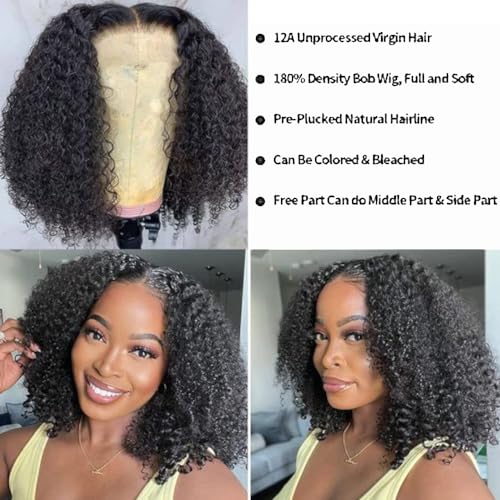 Short Curly Bob Wig Human Hair 13x4 Transparent Lace Frontal Curly Bob Wigs 14 inch 180% Density for Black Women with Preplucked Baby Hair