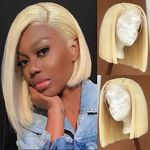613 Blonde Short Bob Wig Human Hair 13X4 Lace Front Wigs with Baby Hair for Black Women Pre Plucked Straight Brazilian Virgin Hair Lace Frontal Wig 150% Density 12 Inch