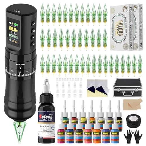 Tattoo Kits Tattoo Machine with 1800mAh LED Display 40PCS Needles and 14 Ink Black
