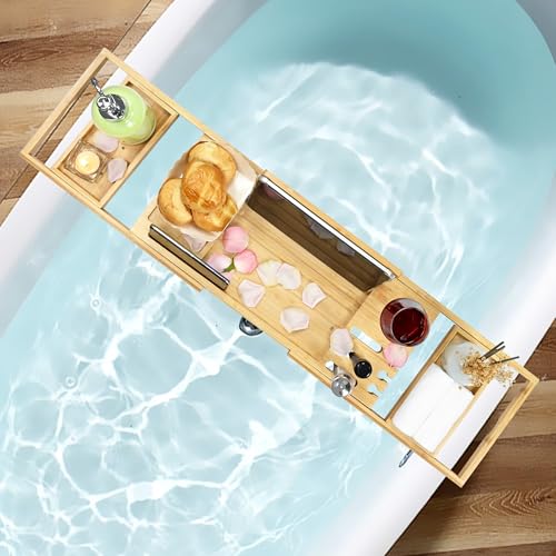 Bathtub Tray - Luxury Bamboo Bathtub Tray for Bath Accessories, Expandable Bath Caddy with Wine Glass Holder, for Her, Anniversary, Spa and Relaxation