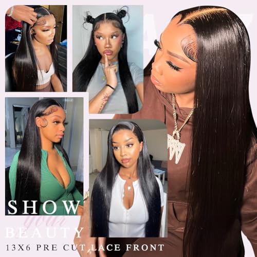 Pizazz 13x6 Straight Glueless Wig Human Hair Pre Plucked Pre Bleached Pre Cut Upgrade Invisible Drawstring Wig with Tapes 220 Density Ready to Go HD Frontal Human Hair Wigs for Women 20 Inch