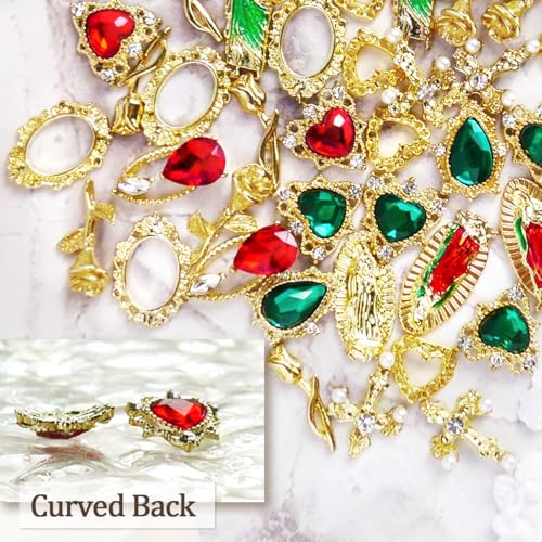 107pcs Virgin Mary Cross Gold Nail Charms Gems,San Judas Nail Charms 3D Alloy Heart Rose Angel Rhinestones for Acrylic Nail Art Religious Nail Stickers Manicure Decoration Supplies (Green, Red, Gold)