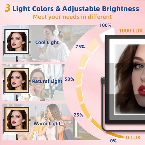 Ruacq Vanity Mirror with Lights, Height & Brightness Adjustable, Rechargeable 4000mAh Lighted Makeup Mirror with Magnification 1X/10X, 3 Color Lights & 360¡Æ Rotation (Matte Black-Table)