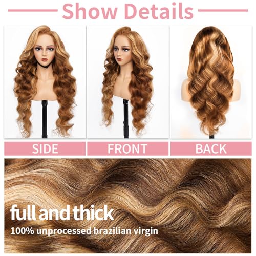 Glueless 24 Inch Honey Blonde Wig Human Hair 13X6 Highlight Lace Front Wig Human Hair Ombre Lace Front Wig Human Hair Glueless Wigs Pre Plucked Pre Cut Wear And Go Not Fall Out No Knots