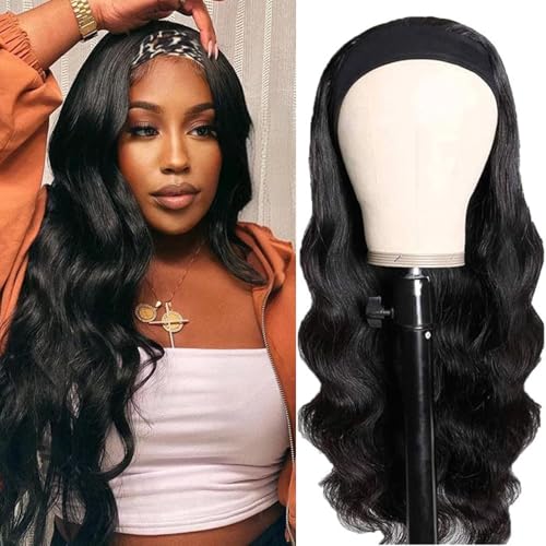 28 Inch Headband Wig Human Hair Body Wave Headband Wigs for Black Women Brazilian Virgin Hair Wear and Go Glueless Wig None Lace Front Wigs for Beginners 150% Density Natural Black (Black, 28 Inch)