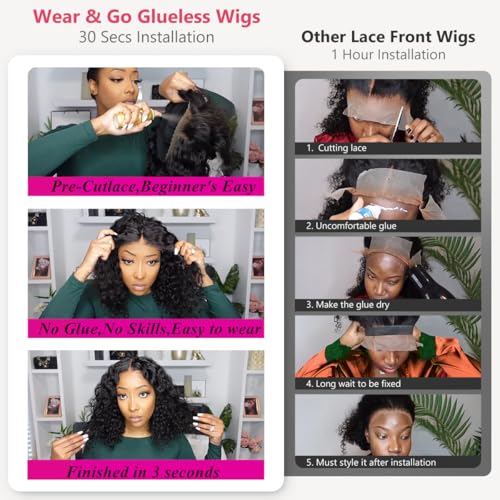 Wear and Go Glueless Wigs Human Hair Pre Plucked Pre Cut 5x5 HD Lace Closure Wigs Human Hair Ready to Wear Water Wave Lace Front Glueless Wig for Black Women Curly Wig Natural Black 16 Inch