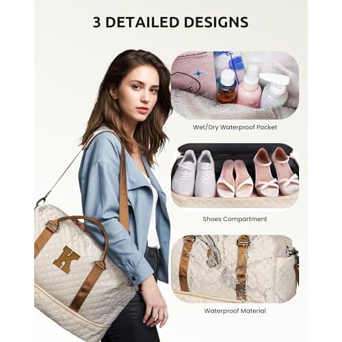 Girls/Kids Initial Duffle Bag with Shoe Compartment, Kids Personalized Travel Bags with Makeup Bag for Women with Trolley Sleeve & Wet Pocket, Gifts for Teenage Girl(Letter E)