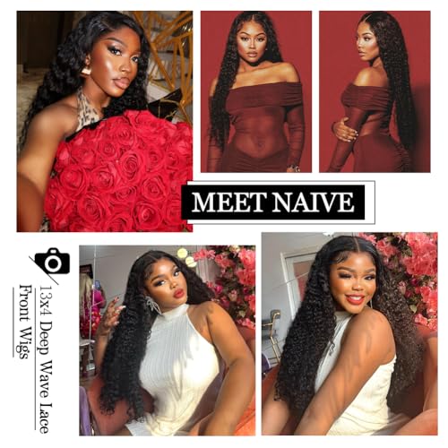 Deep Wave Lace Front Wigs Human Hair 200% Density 13x4 HD Curly Lace Frontal Glueless Wigs for Women Pre Plucked Deep Wave Natural Color (18 Inch)