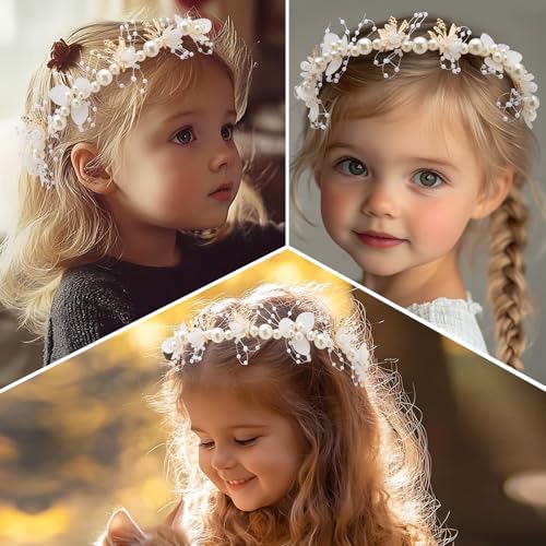 Flower Girl Headpiece, Bridal Headband,Flower Girl Hair Accessories, Princess Crystal Pearl Hair Accessories, Suitable for Teenage Girls and Women £¨White£©