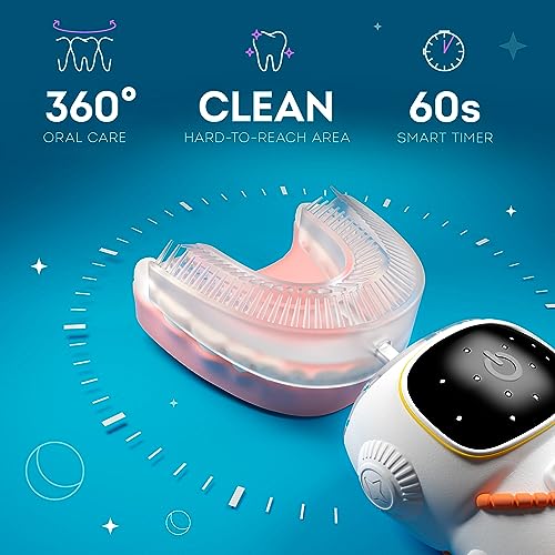 Sensory 360 Round U-Shaped Astronaut Design Mouthguard Electric Toothbrush for Kids Ages 2-7 - Automatic Memory Function - 5 Modes Toothbrush with Multiple Heads ? Kids Travel Essentials (White)