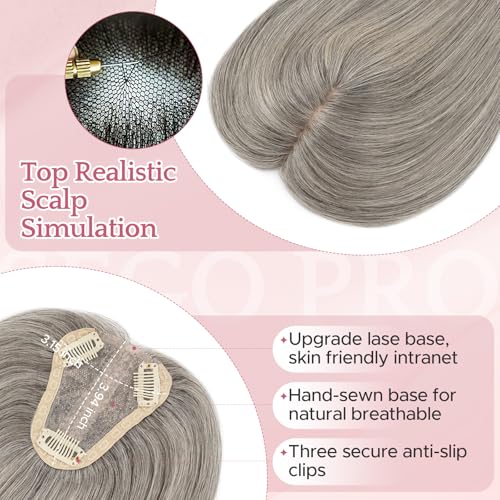Hair Toppers for Women Real Human Hair with No Bangs 3.1¡¿3.9 Inch Silk Base Clip-In Topper Natural Looking Hairpieces for Women£¨14 Inch,Light Grey£©