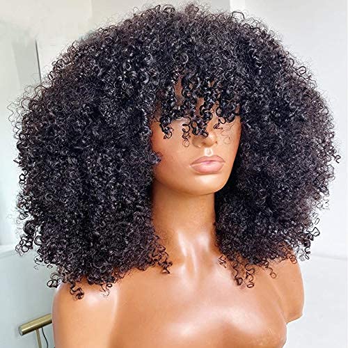 Afro Kinky Curly Wig With Bangs Scalp Top Wig 200 Density Full Machine Made Virgin Brazilian Short Curly Human Hair Wigs Natural Color 18Inch