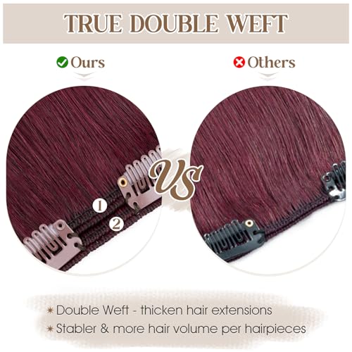Elailite Clip in Hair Extensions Real Human Hair Double Weft Thick 8pcs Weft Burgundy 20 Inch 150g Remy Hairpieces Balayage Full Head Straight for Women