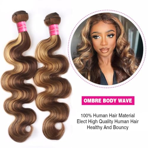 Aopusi Highlight Human Hair Bundles 4/27 Body Wave Bundles 100% Unprocessed Brazilian Virgin Hair Ombre Blonde Bundles Human Hair Body Wave Bundles Hair Weave for Black Women(18 20 22 24 Inch)
