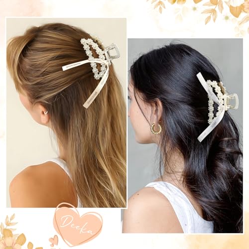 DEEKA Bridesmaid Proposal Gifts 8 Pack Pearl Bridesmaid Hair Claw Clips with Ribbon 3 Inch Hair Clips Bachelorette Party Favors Bridal Party Present Hair Accessories (Half Circle White&Champagne)