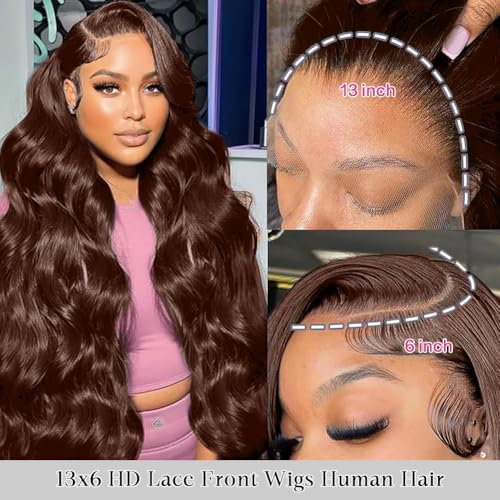 13x6 Chocolate Brown 32 Inch Lace Front Wig Hd Transparent Body Wave Lace Front Wigs Human Hair 200% Density Brown Wig Human Hair 4# Colored Glueless Wigs for Women