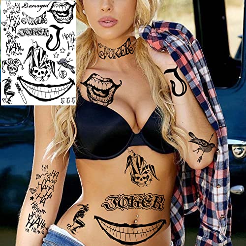 COKTAK 6 Sheets Joker Temporary Tattoos For Men Women Kids Halloween Makeup Kit Cosplay Costume, 3D Halloween Face Tattoos Prison Prisoner Inmate Gothic Rapper, Fake Clown Joker Tattoos Stickers
