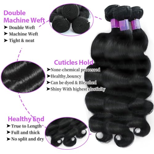 12A Body Wave Bundles Human Hair 26 28 30 Inch Human Hair Bundles 100% Unprocessed Virgin Hair 3 Bundles Human Hair Extensions for Women Natural Black