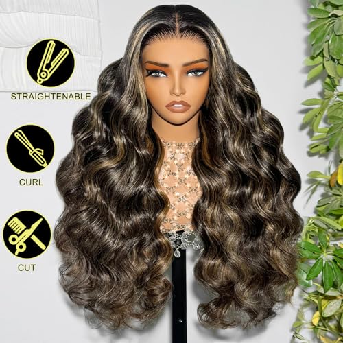 Arabella Balayage Lace Front Wig Human Hair 13x4 Rear to Go Glueless Wig 210% Density Body Wave Wigs 12A Balayage HD Lace Frontal Wig Pre Plucked With Baby Hair (22inch, 13X4 Body Wave)