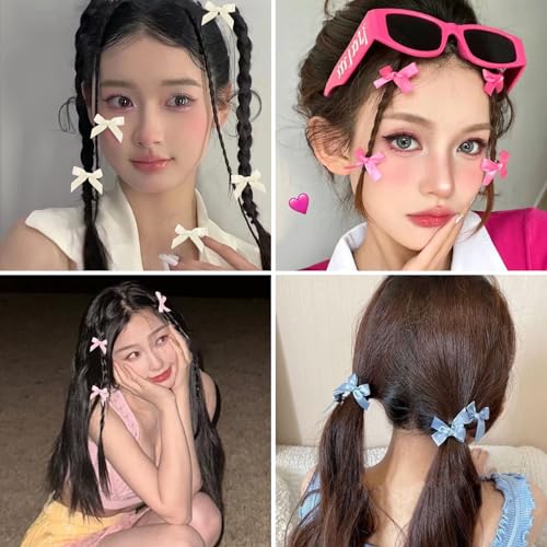 50Pcs Mini Hair Bows Clips for Women Girls Black Blue Hair Ribbon Clips Small Bowknot Barrettes White Pink Satin Cute Bow Hair Clip Metal Y2k Hair Accessories for Braids Teens Toddlers
