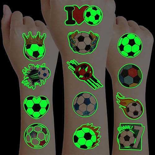 96 PCS Soccer Ball Glow In The Dark Pre-Cut Temporary Tattoos Sticker Football, Sports Themed Birthday Party Decorations Supplies Favors Europa, World Cup Cute Tattoo School Reward Game (Luminous)