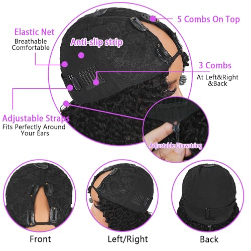 V Part Wigs Human Hair Burmese Curly Glueless Wig Human Hair 200% Density Wet And Wavy Water Wave V Part Wig With Drawstring And Spiral End Beginner Friendly Blend Curly Natural Black